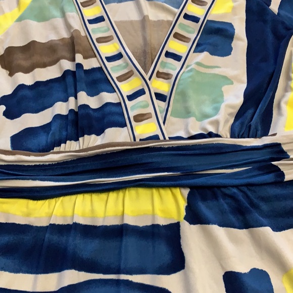 BCBGMAXAZRIA blue, green, brown & yellow geometric striped short sleeve top - Picture 5 of 17